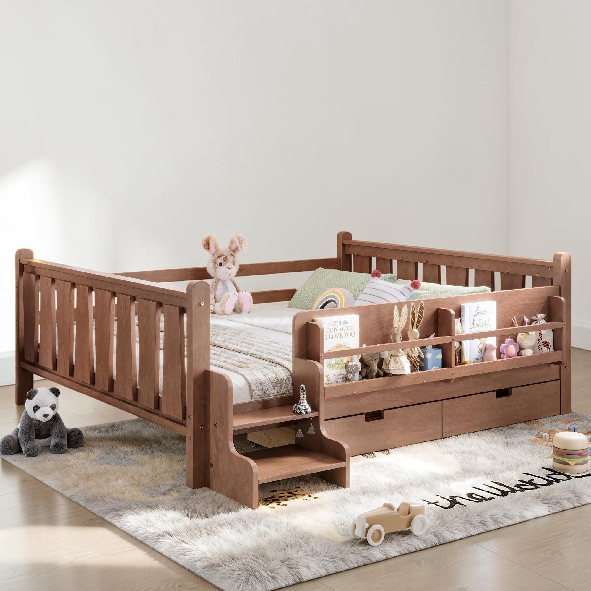 Kids Floor Bed with Storage Shelves and Drawers, Solid Wood Platform Bed with Guardrails and Stairs, No Box Spring