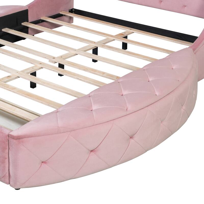 Low Profile Bed Queen Size Velvet Upholstered Platform Bed with Wingback Headboard, Big Drawer and 2 Semicircle Side Stools