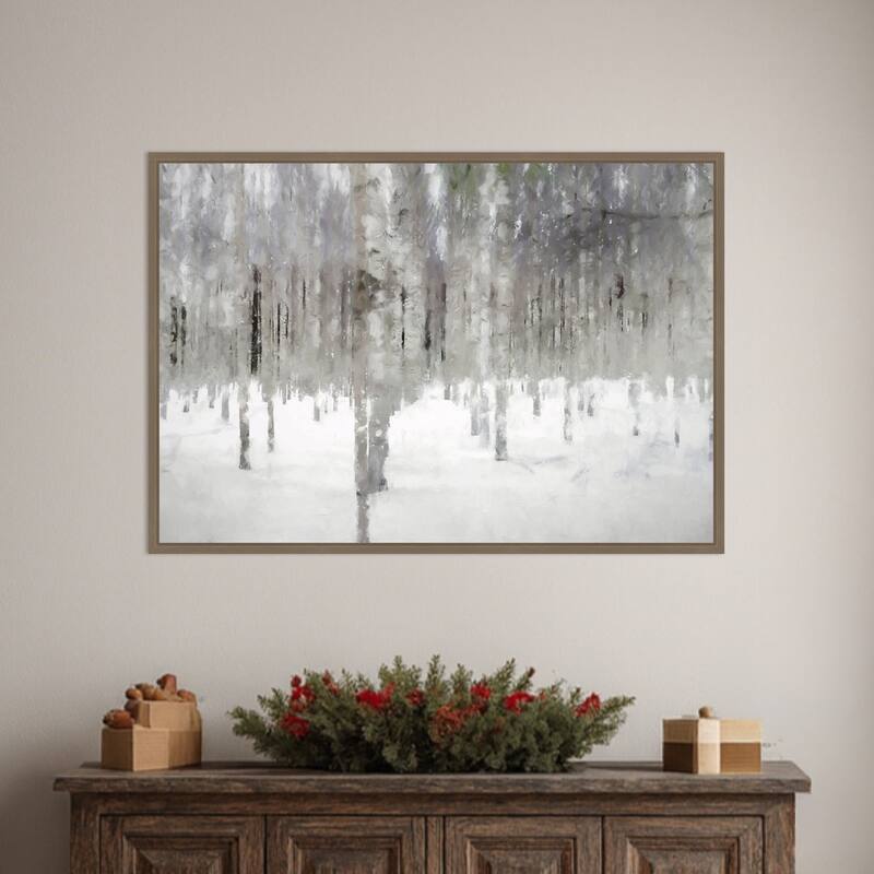 Birches In Fog by Kim Curinga Framed Canvas Wall Art Print - Sylvie Dark Gold