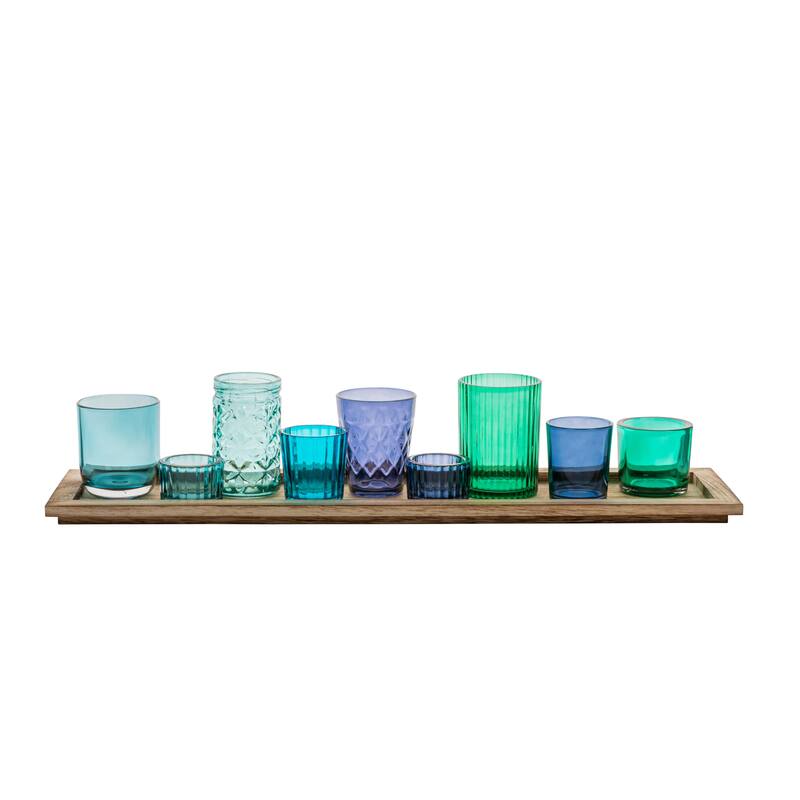 Wood Tray with 9 Blue & Green Glass Votive Holders
