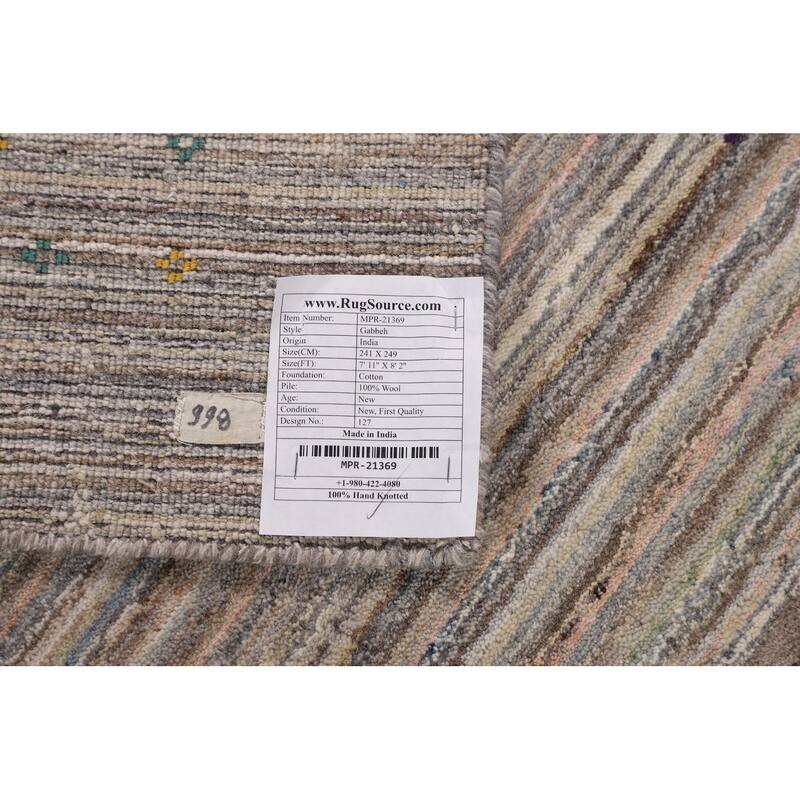 Earth Tone Gabbeh Square Area Rug Hand-Knotted Wool Carpet - 8'2" X 7'11"