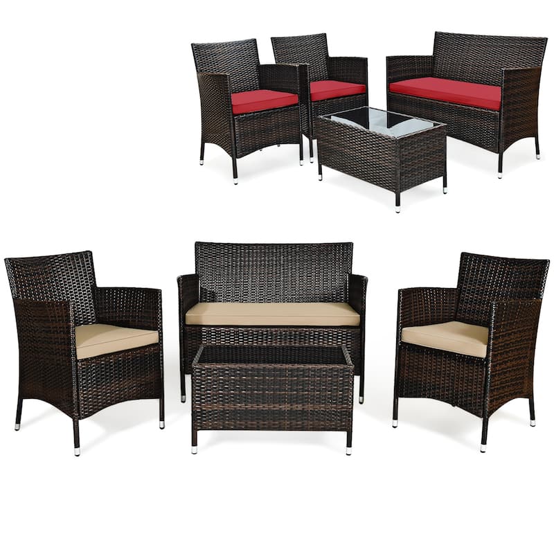 Rattan Patio Conversation Furniture Set with Glass Table and Comfortable Sofa - 4 Pcs