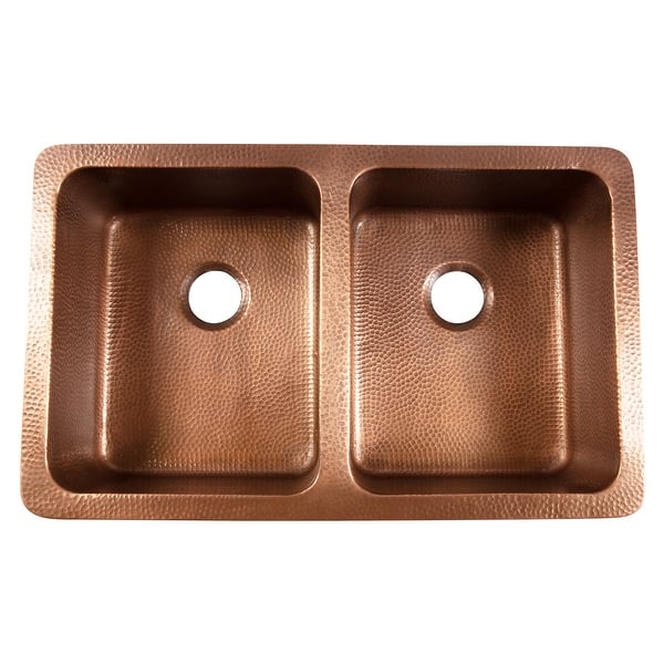 Renzen Farmhouse Apron-Front Handmade Copper 36 in. 50/50 Double Bowl Kitchen Sink in Antique Copper with Scroll Design