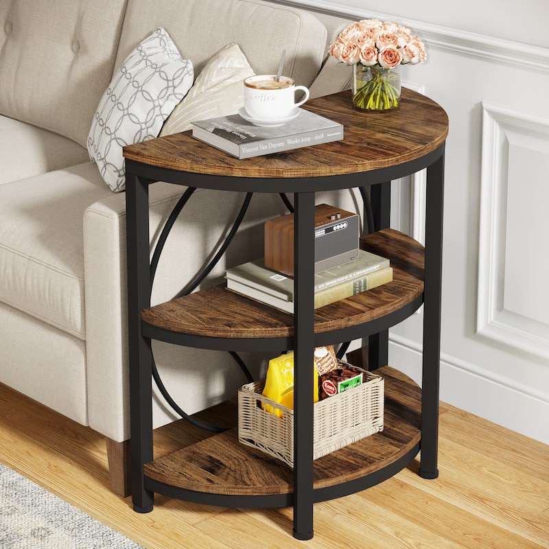 Half Round End Table, 3-Tier Half Side Table with Storage Shelves