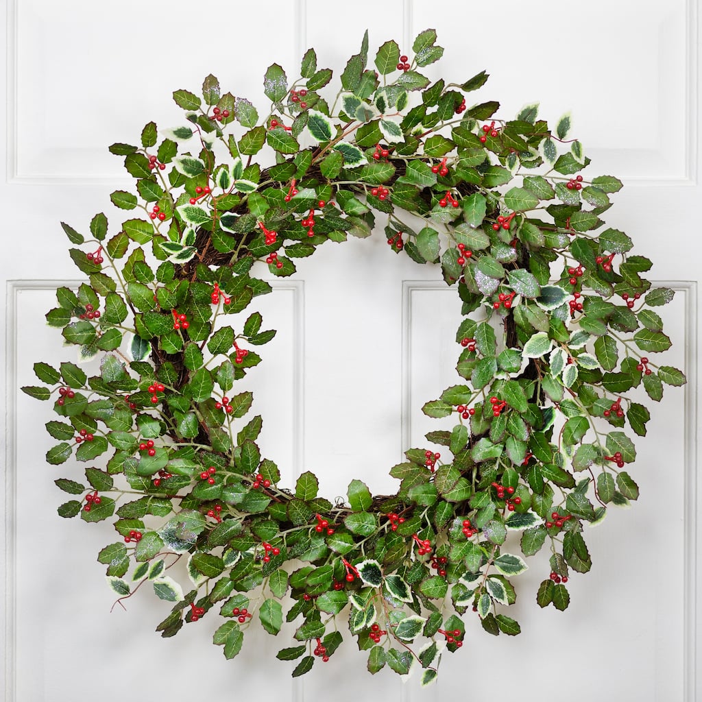 Glittered Holly and Berry Artificial Christmas Wreath - 24" - Unlit