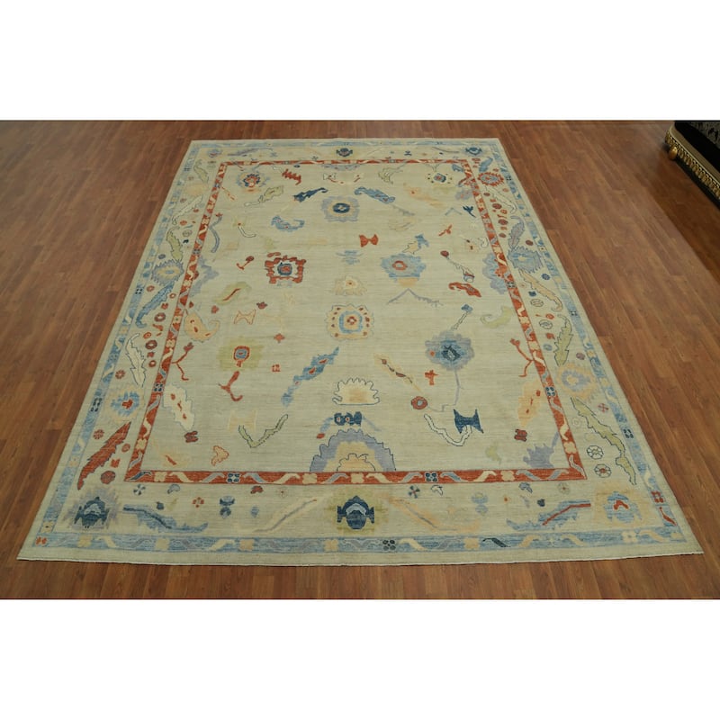Handmade Wool Oushak Vegetable Dye Area Rug, Floral Geometric Carpet - 11' 8'' X 8' 9''