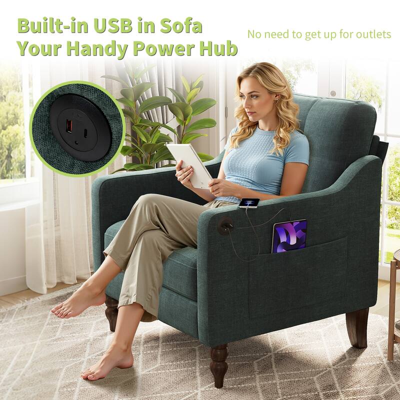 Chenille Accent Armchair, Upholstered Lounge Chair with USB Port, Single Sofa Chair with Wooden Legs & Side Storage