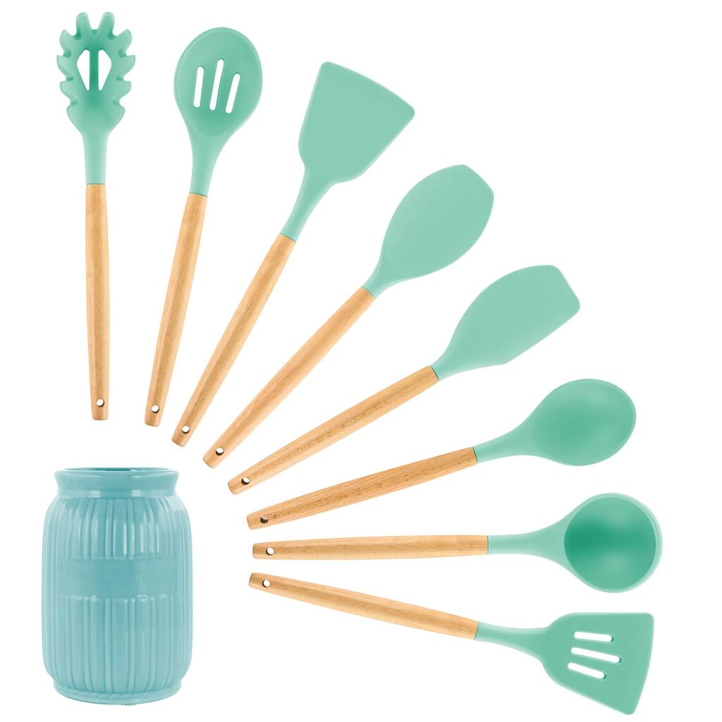 9 Piece Silicone and Wood Cooking Utensils in Turquoise