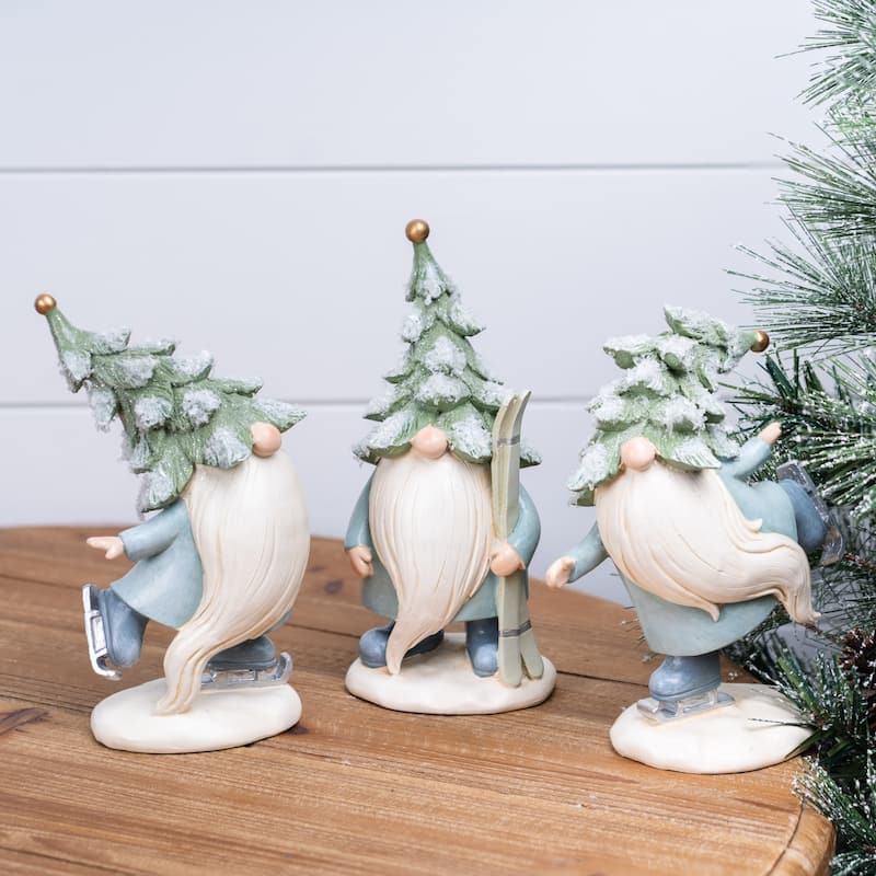 3 Green & Blue Gnome Skis & Skates Christmas Tabletop Decorations 7.5"