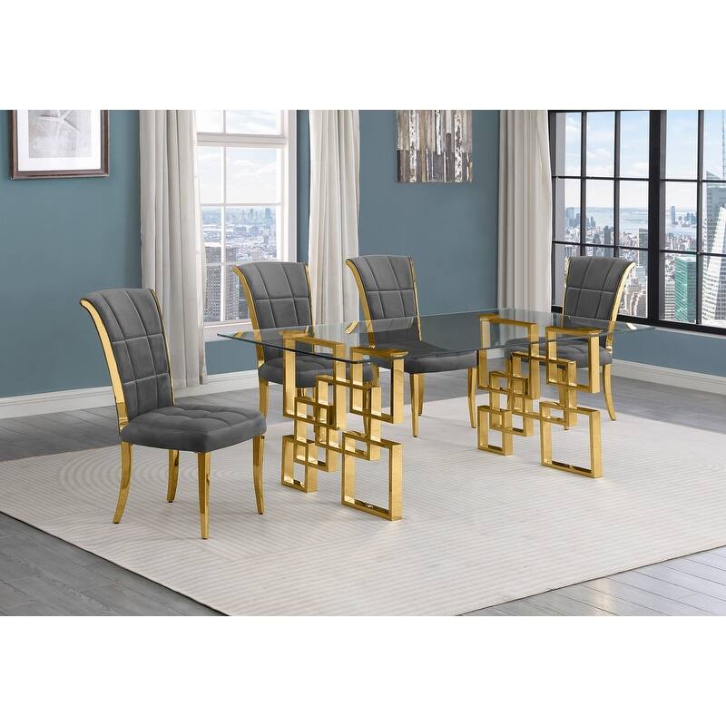 Best Quality Furniture D221/2-SC320-7 Dining Set with 12mm Tempered Glass - 5-Piece - Dark Grey with Gold