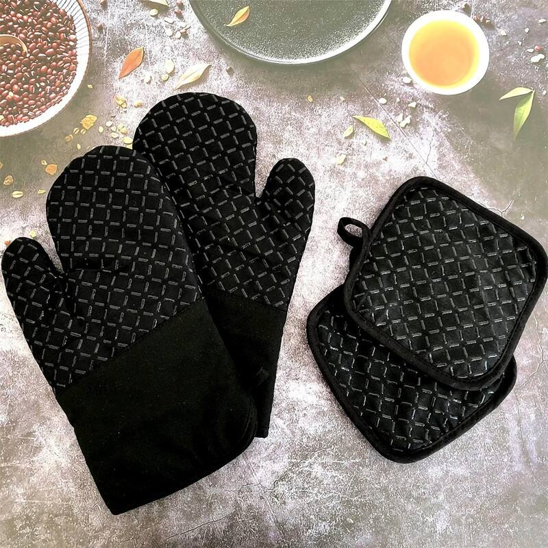 Heat Resistant Oven Mitts & Pan Rack Set BBQ Grill Gloves for Cooking, Baking - N/A