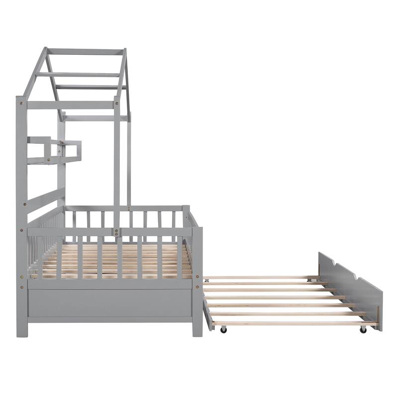 Wooden Twin Size House Bed with Trundle,Kids Bed with Shelf