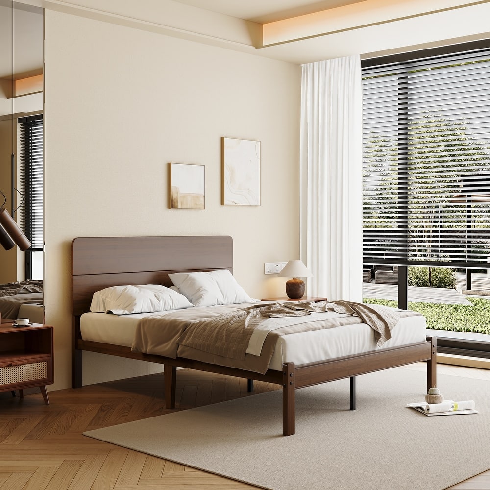 Walnut-colored solid wood and bamboo bed frame with headboard, easy to assemble, no box springs required