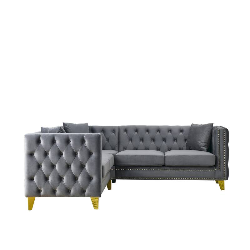 Velvet L Shaped Sofa Couch, Tufted Upholstered Sectional Couch, 5 Seater Corner Sofa with Tapered Legs & 3 Pillows