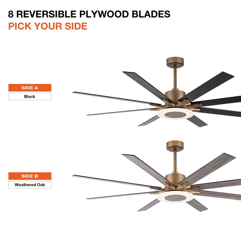 65" Aged Brass 8-Blade Windmill Ceiling Fan with Light and Remote