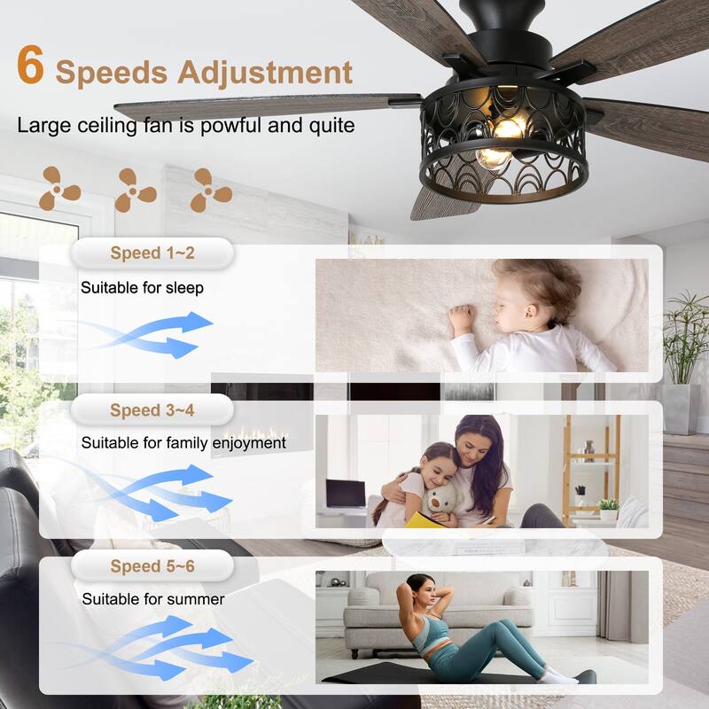 Bella Depot 52" Black Modern Flush Mount Ceiling Fan with Light and Remote