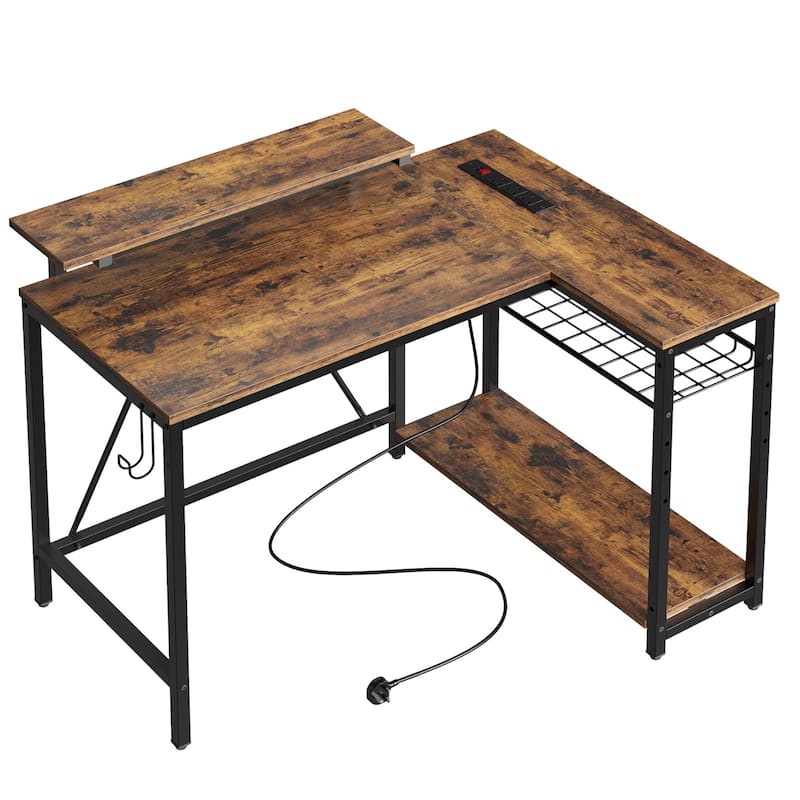 Bestier 42" Gaming Desk with Power Outlets, L-Shaped Desk with LED Lights and Reversible
