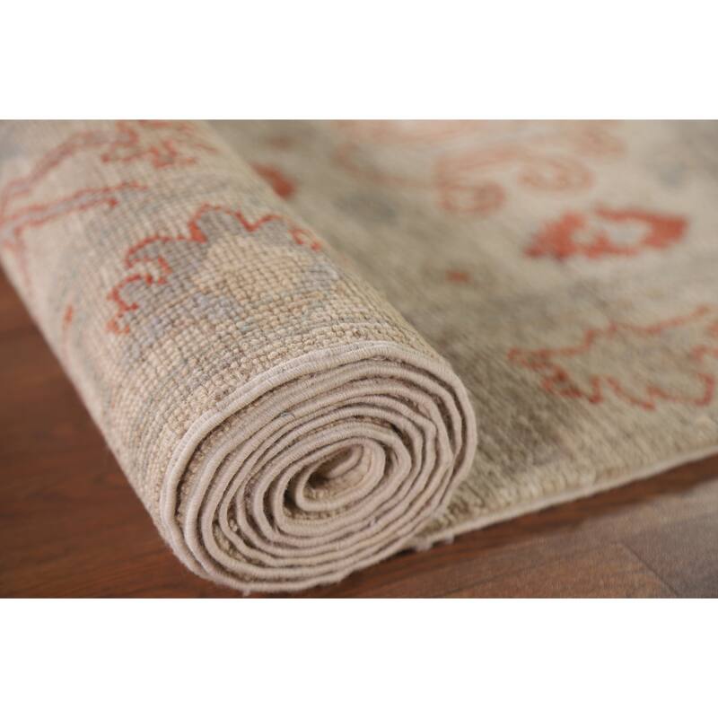 Hand Knotted Oriental 100% Wool Carpet Transitional All-Over Beige & Ivories Oushak Runner Rug - 17' 7'' X 2' 6''