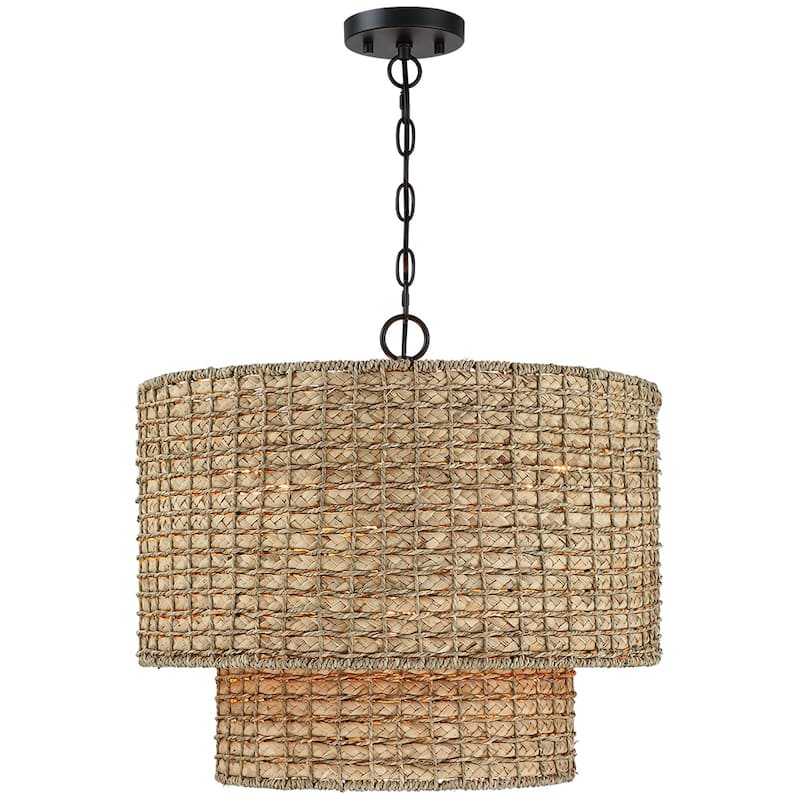 4-Light Natural Rattan Traditional Drum Pendant Light Black Canopy - Black/earthy - 20 in. W