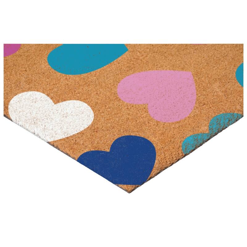 HomeRoots 24" X 36" Brown Blue Navy Blue And Light Pink Hearts Outdoor Coir Door Mat - 24.00' X '36.00