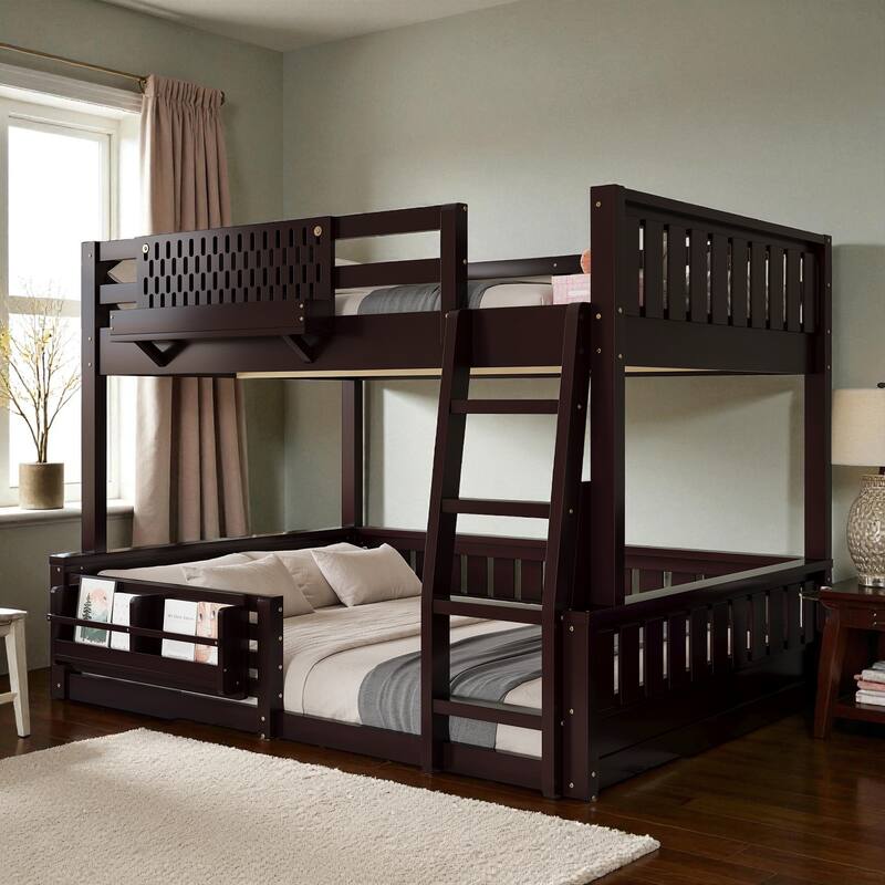 Full XL over Queen / Full over Queen Bunk Bed with Ladder, Guardrails, Pegboard & Built-In Bookshelf, Solid Wood Frame