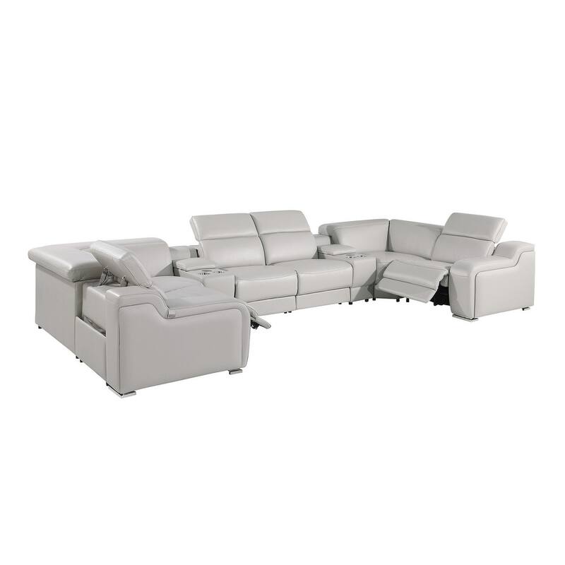 HomeRoots Light Gray Italian Leather Power Reclining U Shaped Eight Piece Corner Sectional With Console