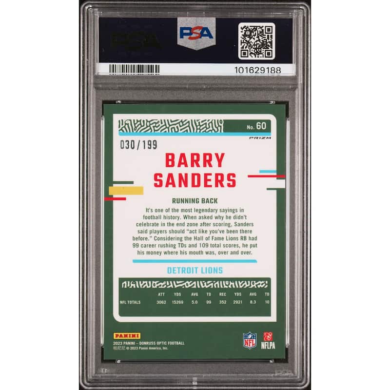 Barry Sanders 2023 Panini Donruss Optic Blue Card #60 Auto Graded PSA 10 30/199 - 8' x 11'