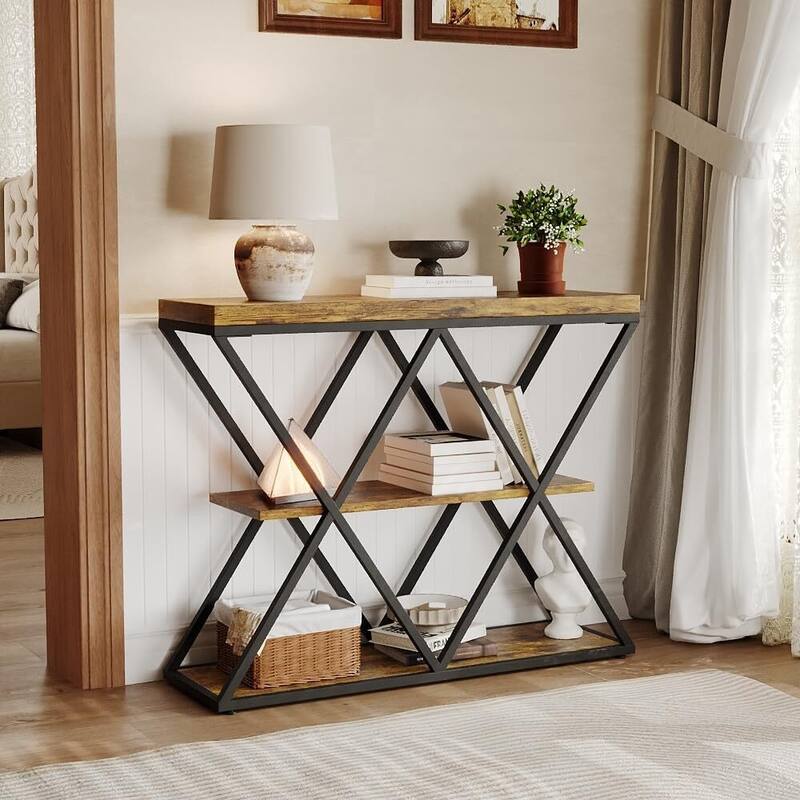 3-Tier X-Shaped Console Table, Entryway Table with Storage Shelf - Brown
