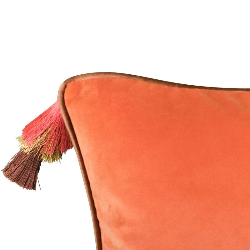 Edie At Home Velvet Reversible Tassel Decorative Throw Pillow, Tigerlily/Marigold