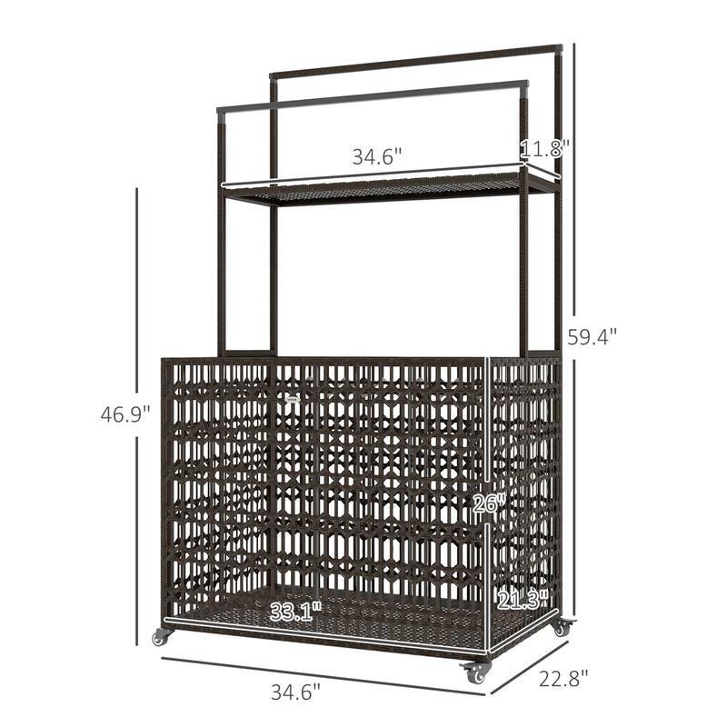 Wicker Pool Storage Basket with Wheels Shelf and Steel Frame for Outdoor Pool Supplies Organization