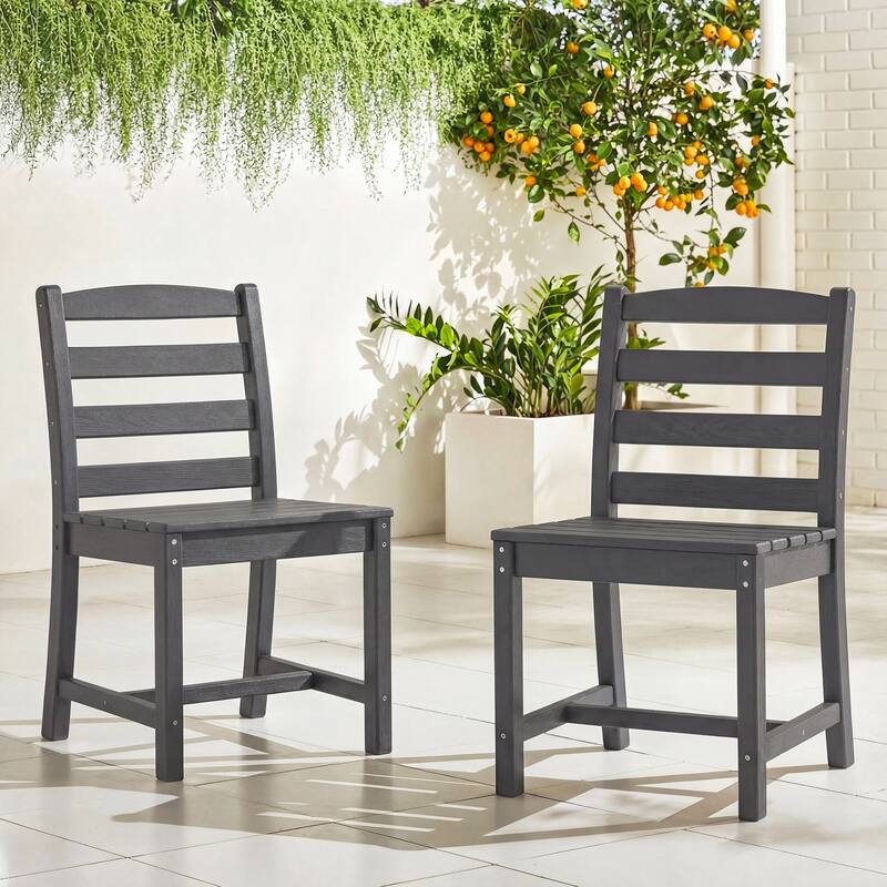 Set of 2 Outdoor Dining Chairs with Armrests, HDPE All Weather Patio Chairs, Waterproof UV Resistant Wood Grain Armchai - Grey(noarmrest)