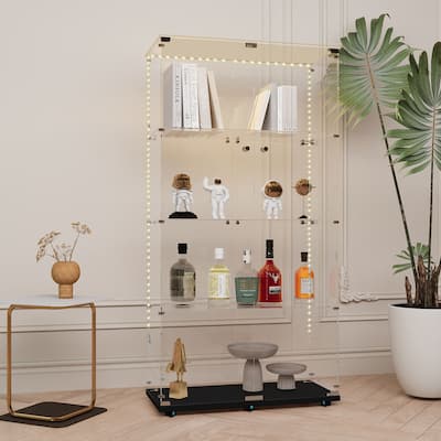 Tempered glass display cabinet, with Bluetooth LED strip,can be controlled by remote control or mobile APP,swivel casters