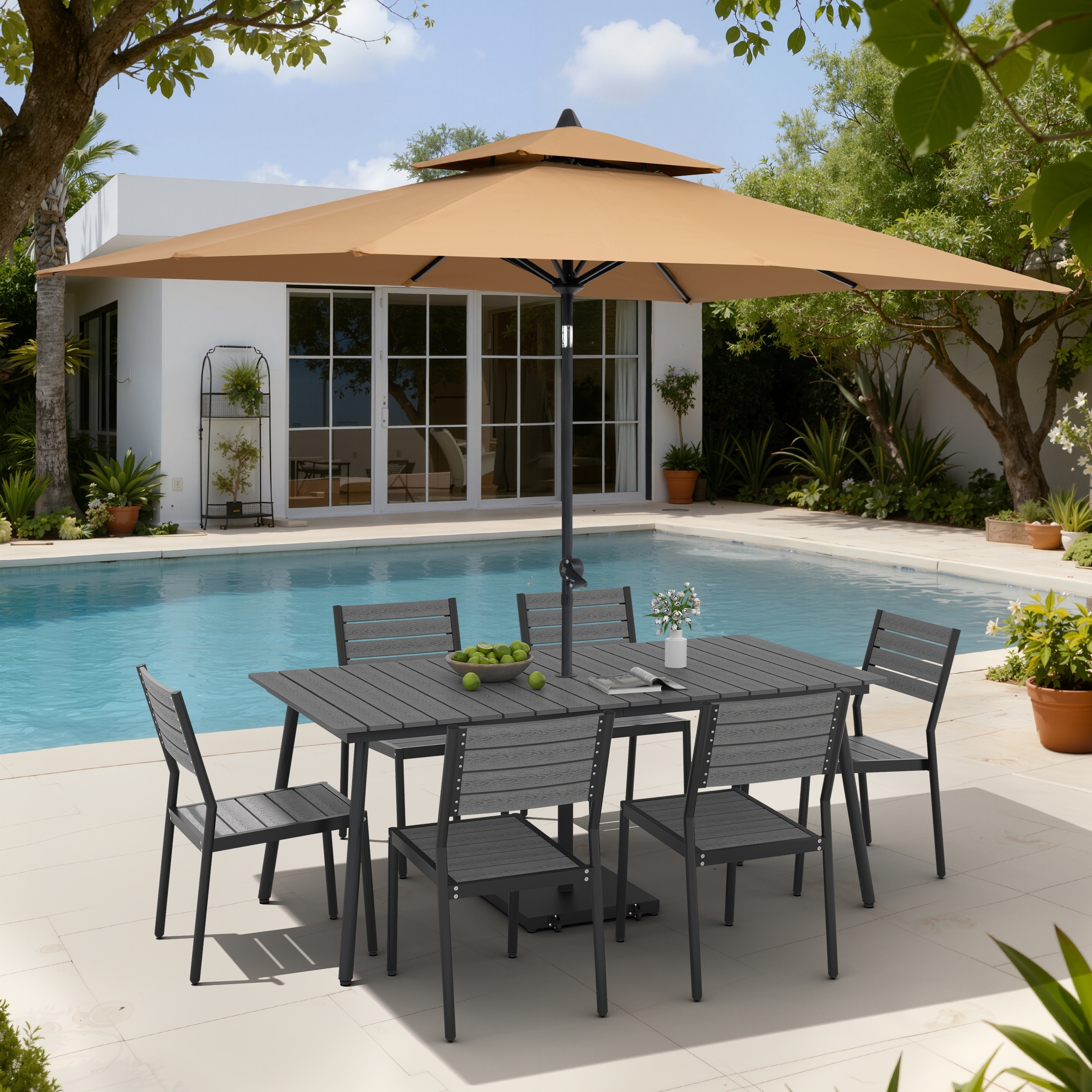 9-Piece Outdoor Patio Dining Set Aluminum Table and 8 Stackable Chairs w/ 10 FT Umbrella with Base