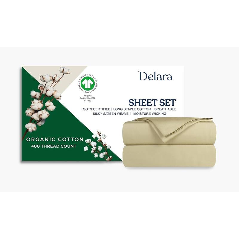Delara GOTS Certified 100% Organic Cotton Sheet Sets, 400TC Long Staple Cotton, Ultra Soft, Moisture-Wicking,Smooth & Breathable - Twin (74"X105") - Sage Green
