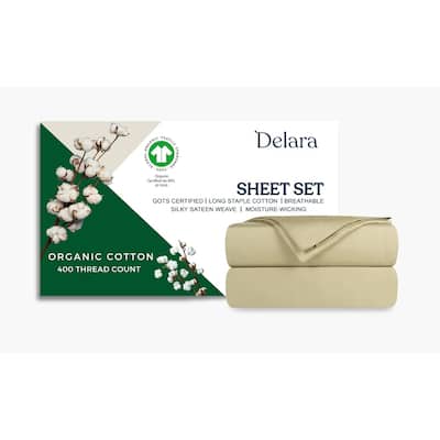 Delara GOTS Certified 100% Organic Cotton Sheet Sets, 400TC Long Staple Cotton, Ultra Soft, Moisture-Wicking,Smooth & Breathable