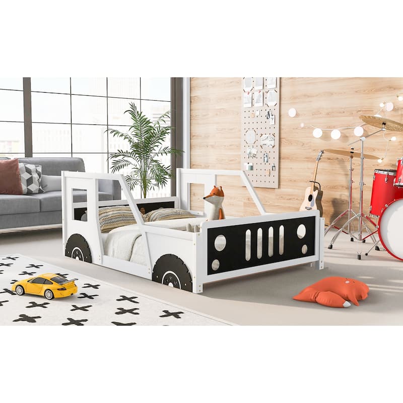 Classic Car-Shaped Twin/Full Bed for Kids, Blue/White, Pine Wood, Easy Assembly