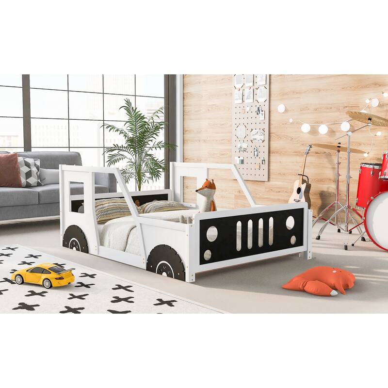 Full Size Classic Car-Shaped Platform Bed with Wheels in White