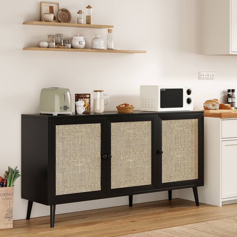 Rossetta 3-Door Natural Rattan Design Sideboard Buffet Cabinet - Black