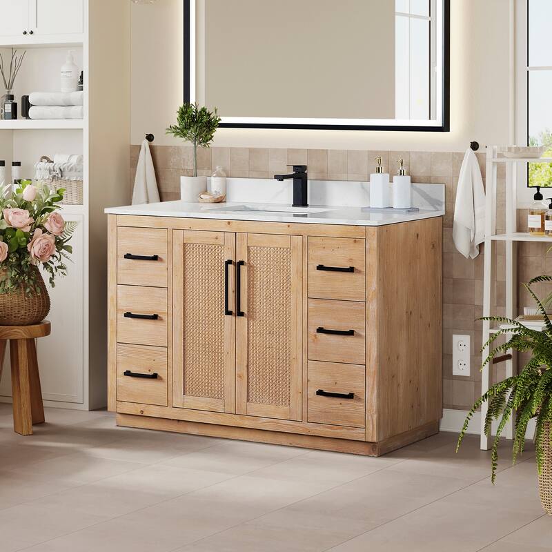 Floral Single Bathroom Vanity in Light Brown with Calacatta White Quartz Countertop without Mirror