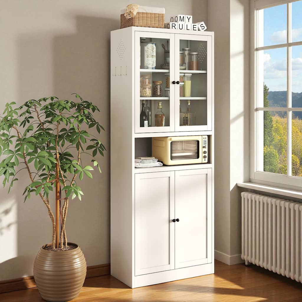 72" Metal Storage Pantry Cabinet, Freestanding Stainless Steel Frame with Adjustable Shelves and Glass Doors