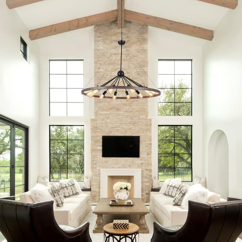 12-Light W43.3" x H90.55" Wagon Wheel Chandelier for Study Bedroom