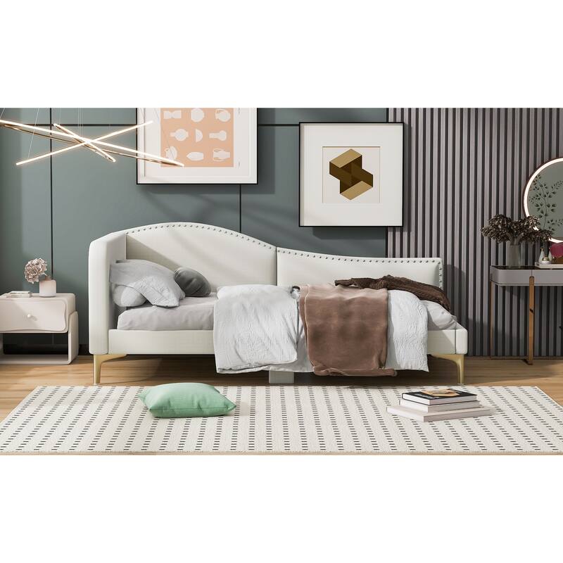 Twin Size Upholstered Daybed with Headboard, Armrest, and Support Legs in Beige
