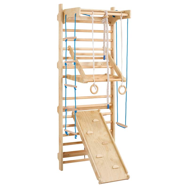 Beige Pine Wood 8 in 1 Swedish Ladder Indoor Jungle Gym for Kids and Adults with Slide Rings Rope Climbing and 220 lbs Capacity