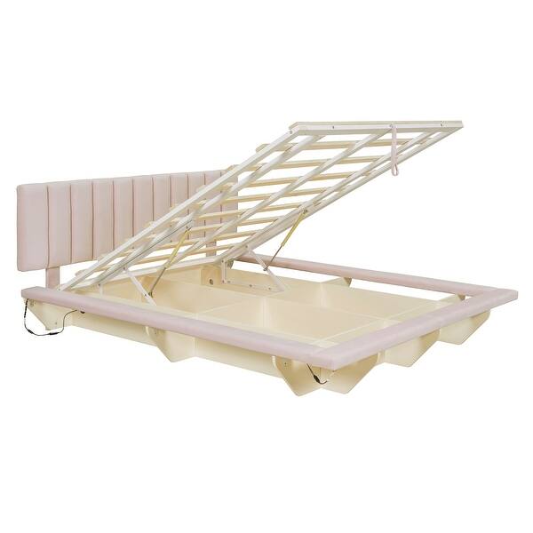 Roomfitters Queen Size Upholstered Floating Bed with LED Light & USB Port, Velvet, Hydraulic Platform