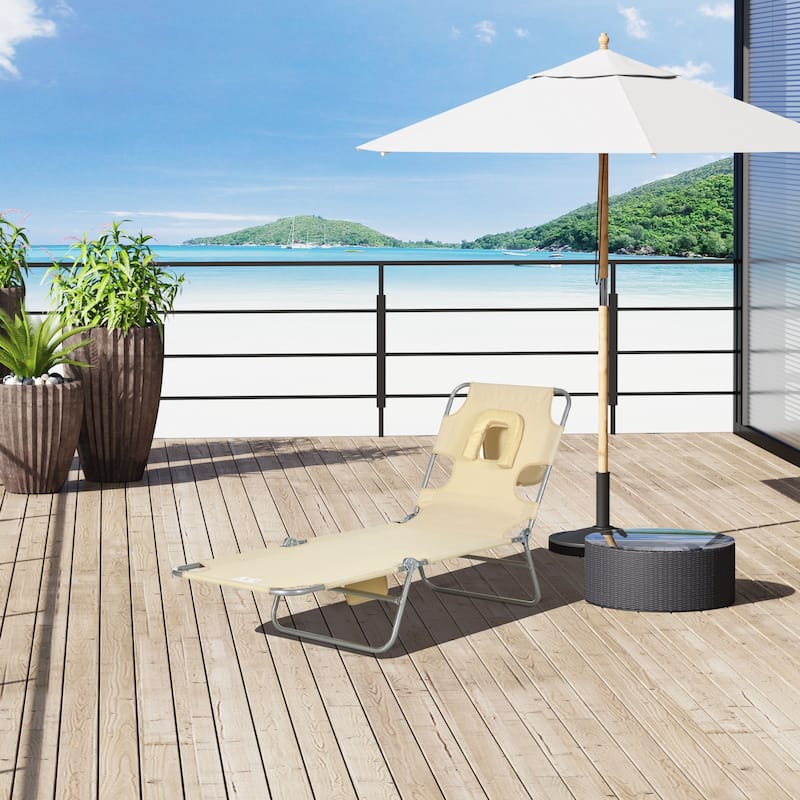 Outsunny Folding Beach Lounge Chair with Face Hole and Arm Slots, 5-level Adjustable Sun Lounger Tanning Chair with Pillow - Beige