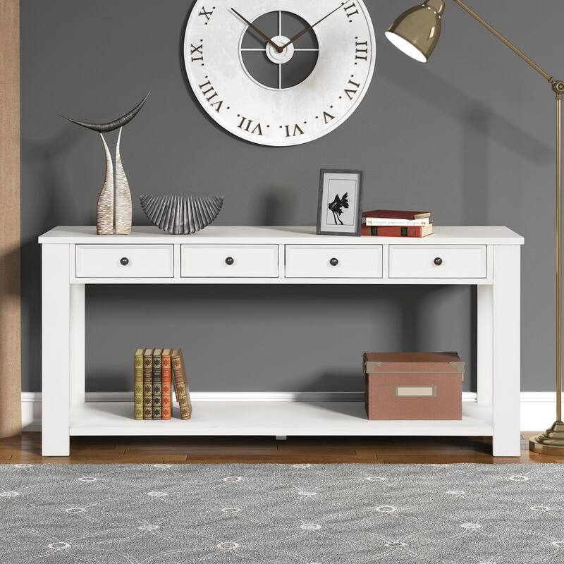 Pine Wood Console Table with 4 Drawers and Bottom Shelf for Entryway Hallway - Antique White