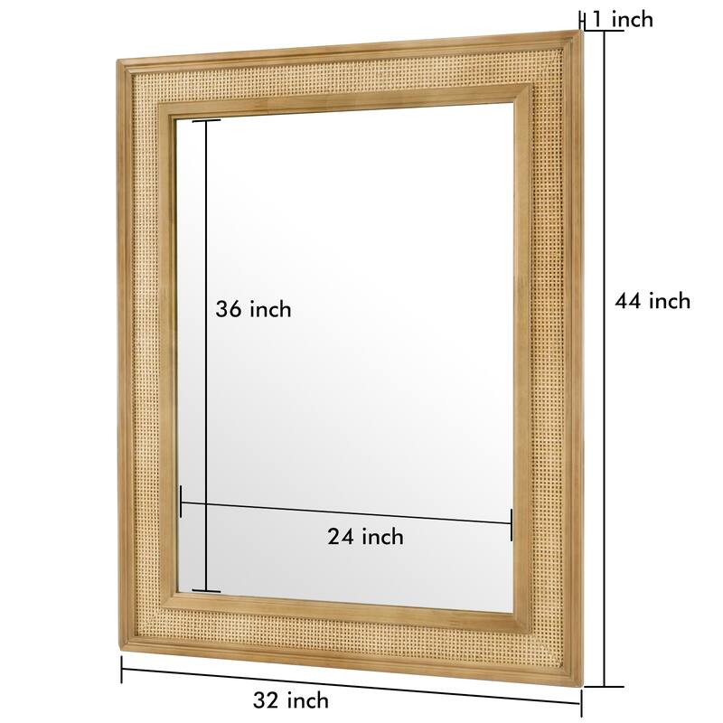 WallBeyond Wooden Framed Rattan Farmhouse Style Rectangle Wall Mirror
