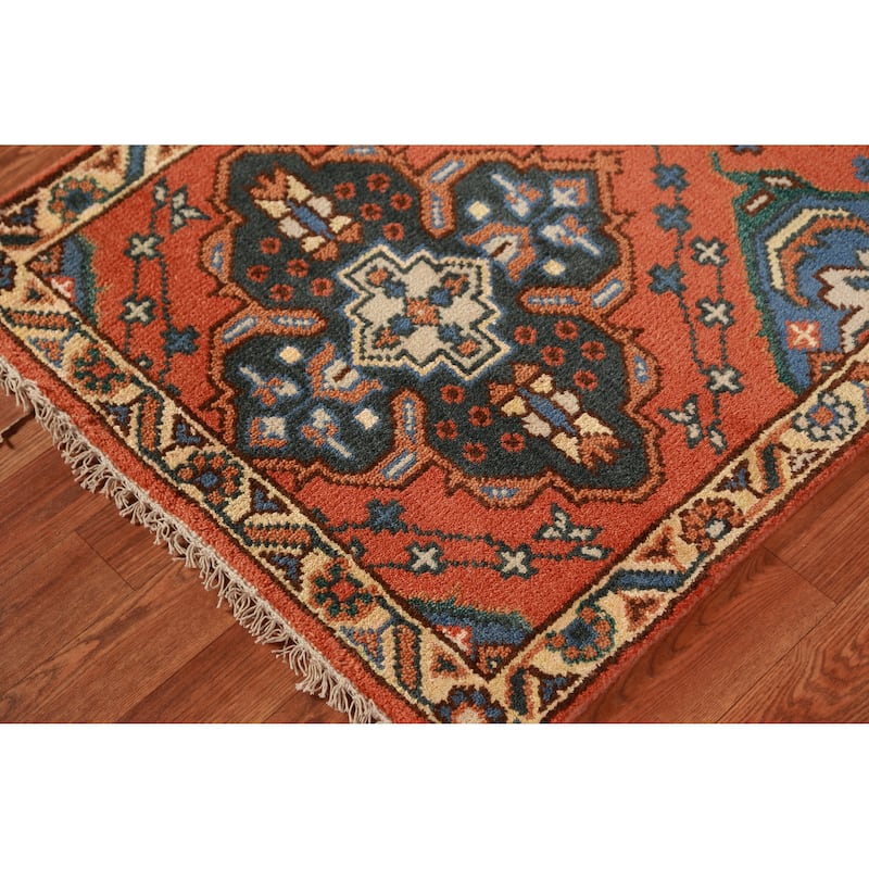 Hand Knotted Oriental 100% Wool Carpet Traditional Geometric Oranges & Rust Kazak Runner Rug - 9' 10'' X 2' 7''
