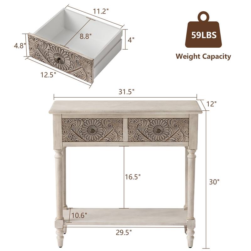 COSIEST Vintage 32'' Solid Wood 2-Drawers Console Table