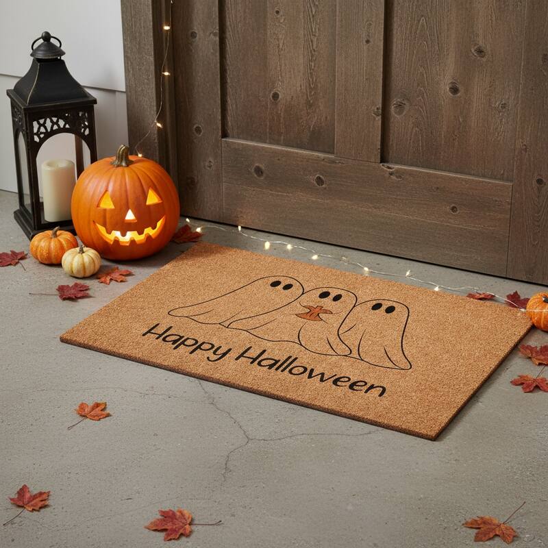 HomeRoots 17" X 29" Natural And Black Friendly Ghosts Happy Halloween Outdoor Coir Door Mat - 17.00' X '29.00 - 17.00' X '29.00